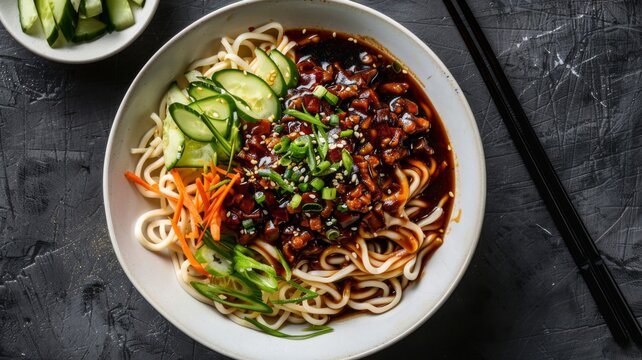 Delicious zha jiang mian noodles with savory bean sauce topped with fresh cucumber and carrot strips in a ceramic bowl on a dark textured surface background view