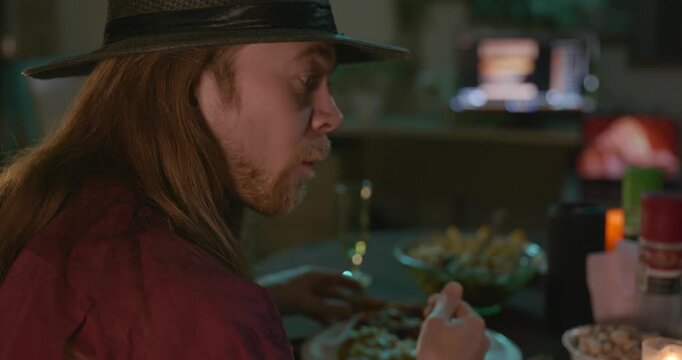 Kid Spend Time with Uncles. Friends Have a Home Party Dinner. 4K 10-bit