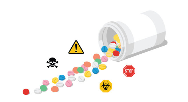 A white pill bottle spills colorful pills surrounded by warning signs on a white background.