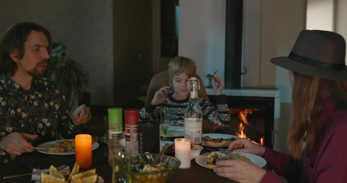 Kid Spend Time with Uncles. Friends Have a Home Party Dinner. 4K 10-bit