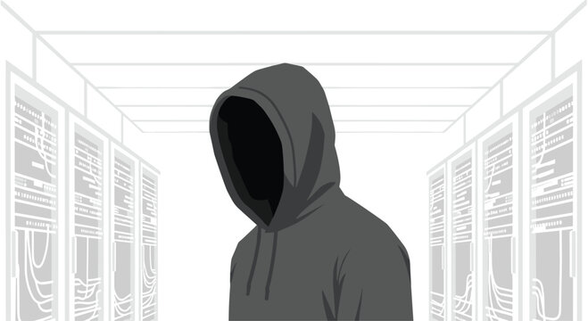 A faceless hooded figure stands in a monochromatic gray server room with outlined server racks in the background.