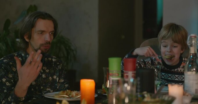 Kid Spend Time with Uncles. Friends Have a Home Party Dinner. 4K 10-bit