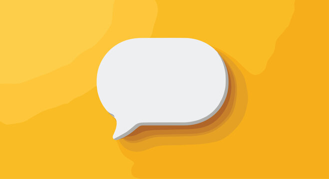 A white three-dimensional speech bubble with a shadow is centered on a vibrant, layered yellow background.