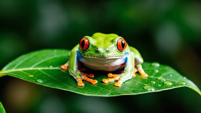 A vibrant close-up of a sleeping red-eyed tree frog perched on a wet green leaf, showcasing its bright colors and serene posture