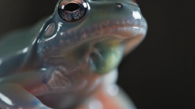 Close-up macro shot of a tiny glass frog sleeping peacefully, showcasing its translucent skin and vibrant internal organs