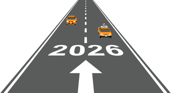 Two orange cars drive on a dark grey asphalt road with a white arrow and the year 2026 painted on it, set against a white background.