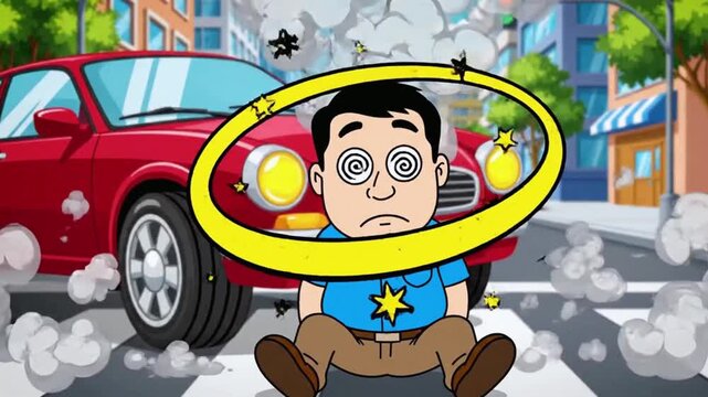 Animated video shows a pedestrian unexpectedly hit by a red car while crossing a busy city street, causing comical dizziness and confused stars around his head.