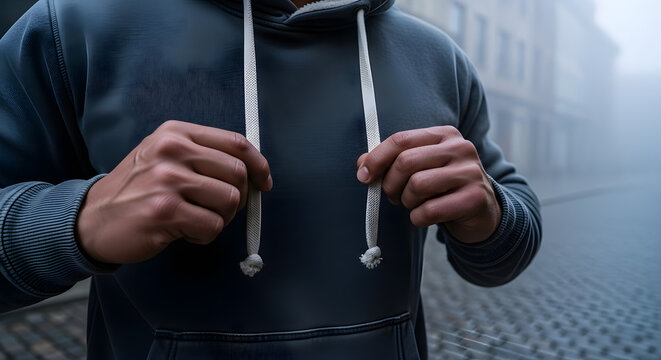 Close-up of a person's hands pulling the drawstrings of a dark blue hooded sweatshirt, with an urban cobblestone street and foggy background, creating a moody and atmospheric portrait.