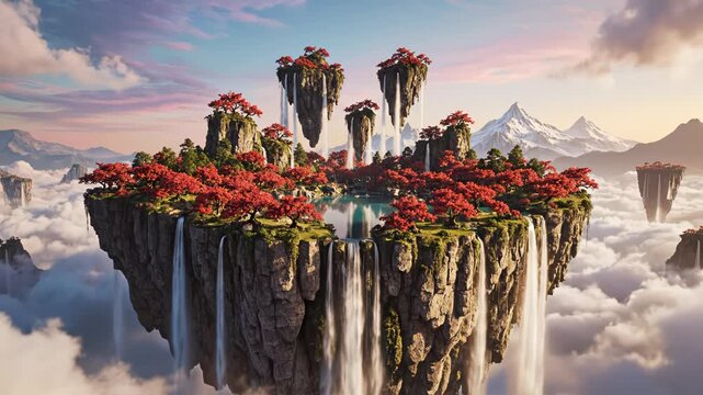 Floating islands with waterfalls and red trees
