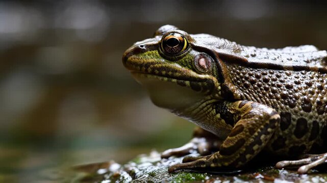 Close up side profile of a wild frog sleeping peacefully on a rock near the water