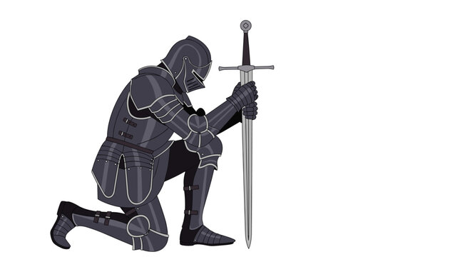 A knight in dark, detailed plate armor kneels on one knee, holding a long two-handed sword upright against a stark white background.