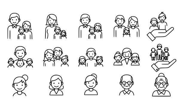 Family icons set with different generations and types in thin line art style.
