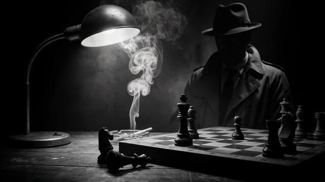 A shadowy figure in a trench coat ponders chess strategies under a lamp, with smoke rising from a cigarette, enhancing the mysterious ambiance of the scene