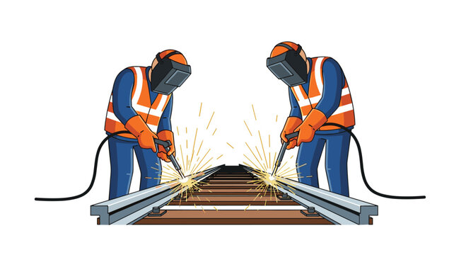 Two workers in welding masks are actively welding parallel railway tracks, producing bright sparks.