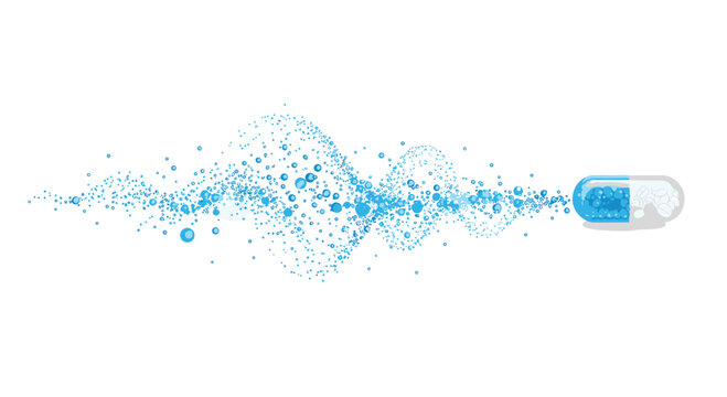 A transparent capsule filled with blue spherical particles releases its contents, forming an undulating wave pattern on a white background.