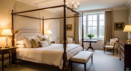 Fototapeta premium Elegant Four Poster Bedroom With Classic Furnishings And Natural Light