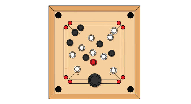 A top-down view shows a carrom board with black, white, and red pieces, and a black striker on a light wooden surface.
