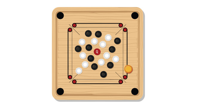 An overhead view of a wooden carrom board with black and white carrom men, a red queen, and a yellow striker.