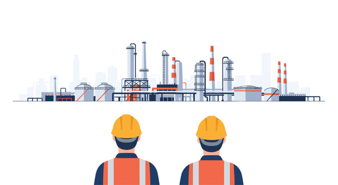 Two male engineers in orange safety vests and yellow hard hats observe a sprawling industrial refinery complex.