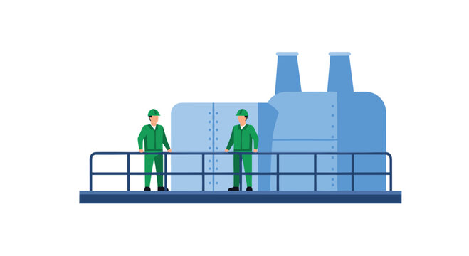 Two male workers in green uniforms stand on a blue platform in front of two large blue industrial structures on a white background.