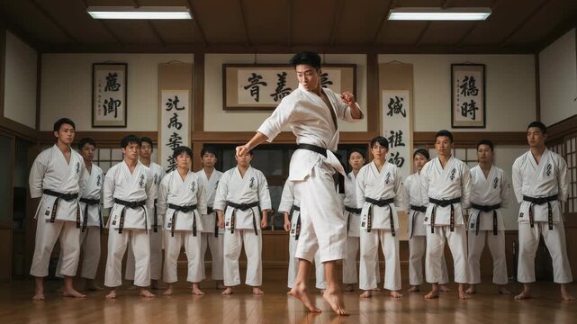 Young man executes a high kick mid-air. His body is strong and balanced. Other students stand in formation. They watch his technique carefully. The dojo features wooden floors