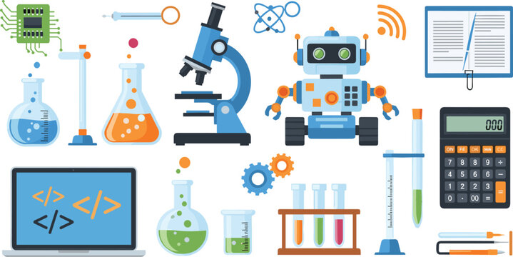 STEM science and technology vector set with laboratory equipment, robot, coding laptop, microscope and experiments, education innovation illustration collection