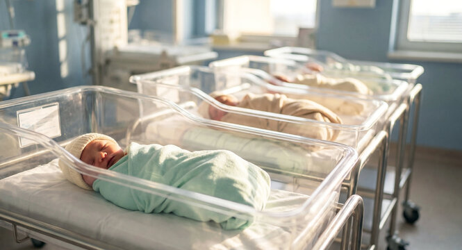 Peaceful newborn babies resting in transparent hospital bassinets in a maternity ward nursery.