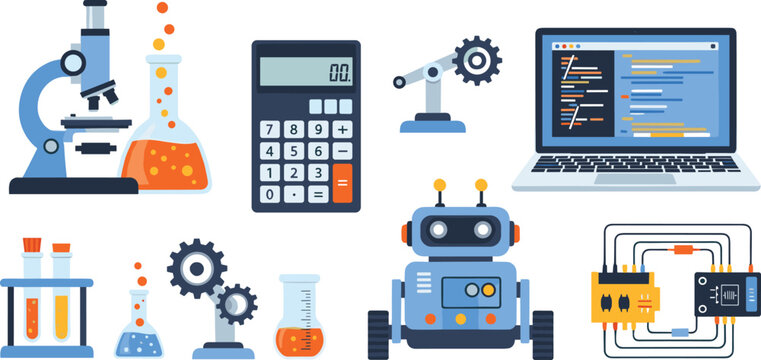 STEM education and technology vector set with laboratory equipment, robotics, coding laptop, science experiments, engineering tools, modern innovation illustration collection
