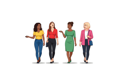 Fototapeta premium Four diverse adult women walk and converse across a plain white background.