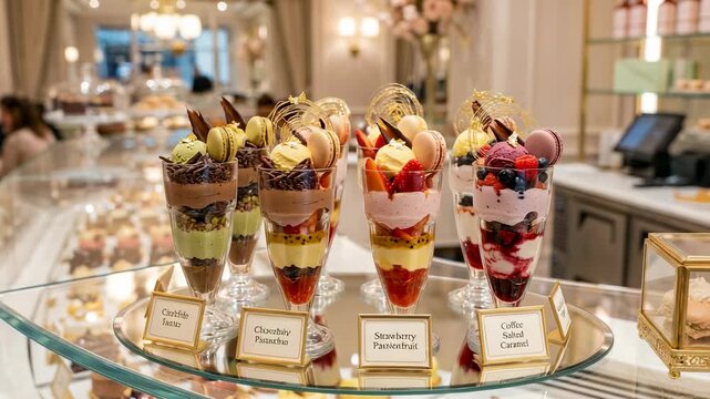 Five dessert parfaits sit on glass display. Each parfait has layered fruits and chocolate. Labels name flavors like Chocolate and Strawberry. Bakery interior with chandeliers