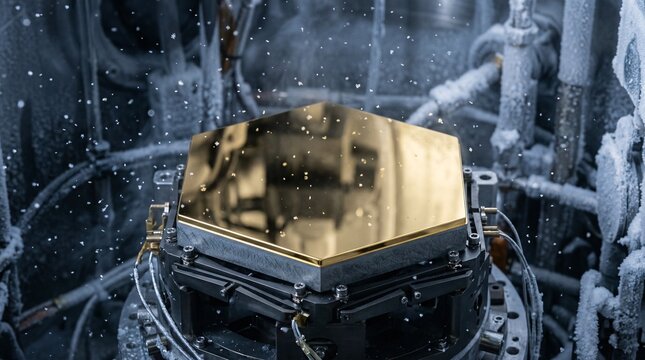 Macro view of a hexagonal beryllium mirror segment for a space telescope, completely coated in a highly reflective gold film with frost.