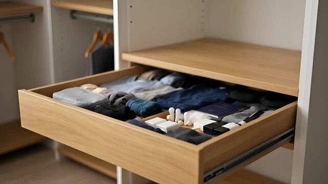 Wooden drawer filled with clothes in an indoor closet space