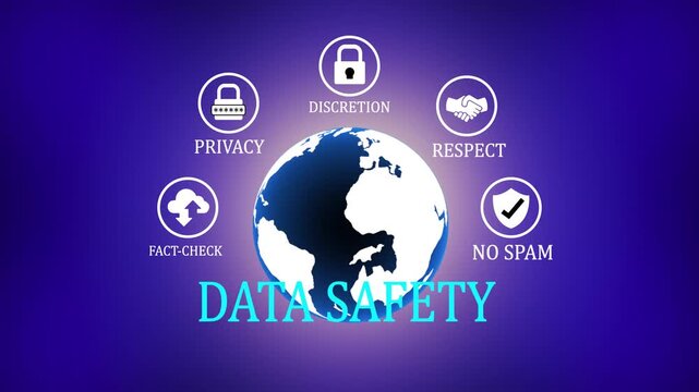 Data safety concept featuring a global earth globe surrounded by representing digital privacy discretion respect fact.