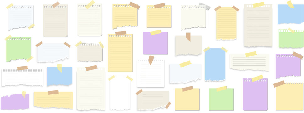 Collection of torn notebook paper notes with adhesive tape pieces. Realistic pastel memo sheets, lined and blank pages isolated for reminders, scrapbooking, planners, stationery and design mockups