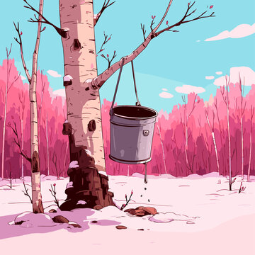 Minimalist Birch Sap Harvest Scene