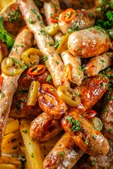Acrylglasbilder Restaurant Grilled sausages with chili peppers and herbs close up  © zukamilov