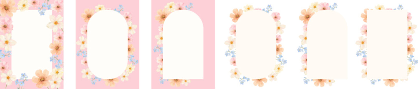 Set of pastel watercolor floral frames with soft spring flowers on pink backgrounds. Elegant templates with oval and rectangular shapes for invitations, cards, branding and social media design