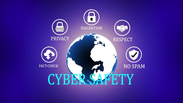 Cyber safety concept featuring a stylized globe surrounded by digital security representing privacy discretion respect.