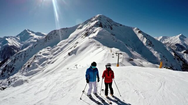 Two skiers stand on a pristine snowy mountain slope, one pointing towards majestic white peaks under a clear blue sky, capturing a beautiful winter sports adventure video.