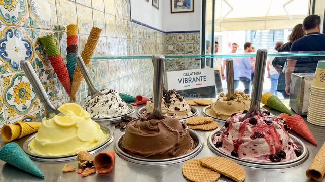 Bright yellow ice cream in glass bowls. Chocolate and berry scoops shine. Decorative tiles cover the wall. Ice cream cones stand ready. 'GRAND VIBRANT' sign is visible. No people appear here