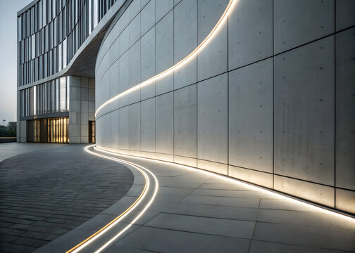 Modern curved architectural facade with illuminated pathway and minimal urban design