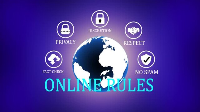 Global internet ethics and digital etiquette concept featuring a stylized globe surrounded by essential online rules.