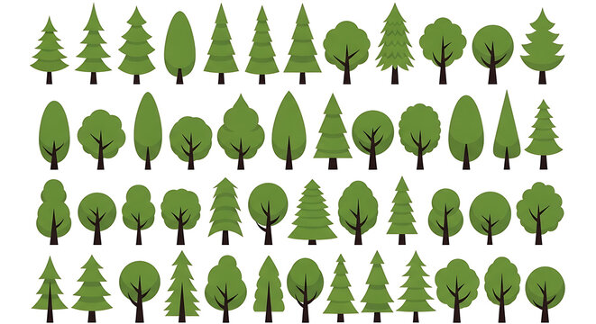 3d A neat grid of stylized green trees (different shapes and sizes, including pine-like and rounded canopies) shown on a clean, light background like vector/PNG asset sprites for design or games