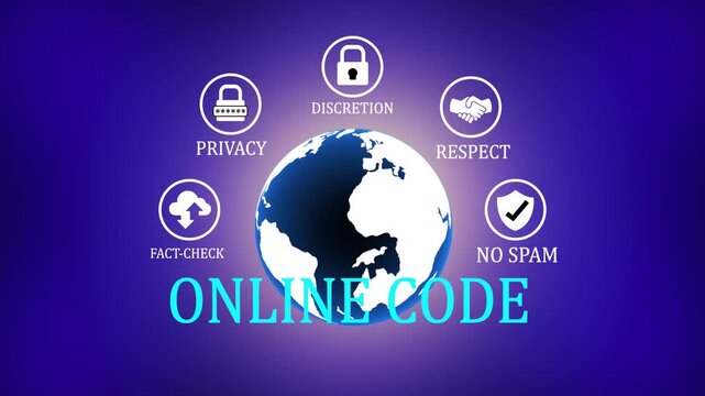 Global online code concept featuring digital earth globe surrounded by ethics including privacy discretion respect fact, on a background animation and video.