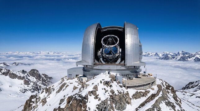 Massive astronomical observatory dome situated on a snow-capped mountain peak, revealing a complex telescope assembly inside the open slit.