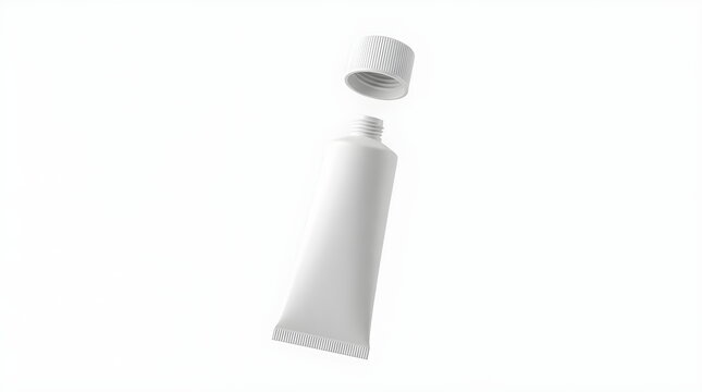 Floating open white cosmetic tube mockup with cap hovering