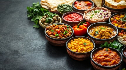 Fototapeta premium The variety of Indian dishes served in earthenware bowls on a dark table creates an appetising and colourful backdrop for a restaurant menu or food blog.