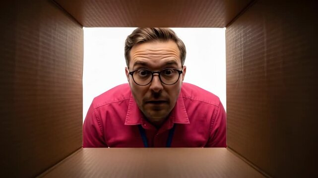A surprised man peeking out of a cardboard box