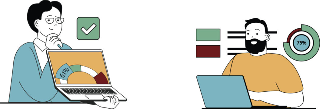 Two professionals comparing performance metrics on laptops