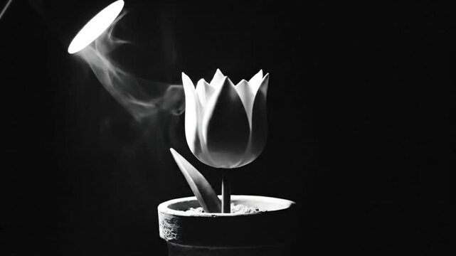 Black and white still life with single tulip in pot lit by lamp and flowing smoke